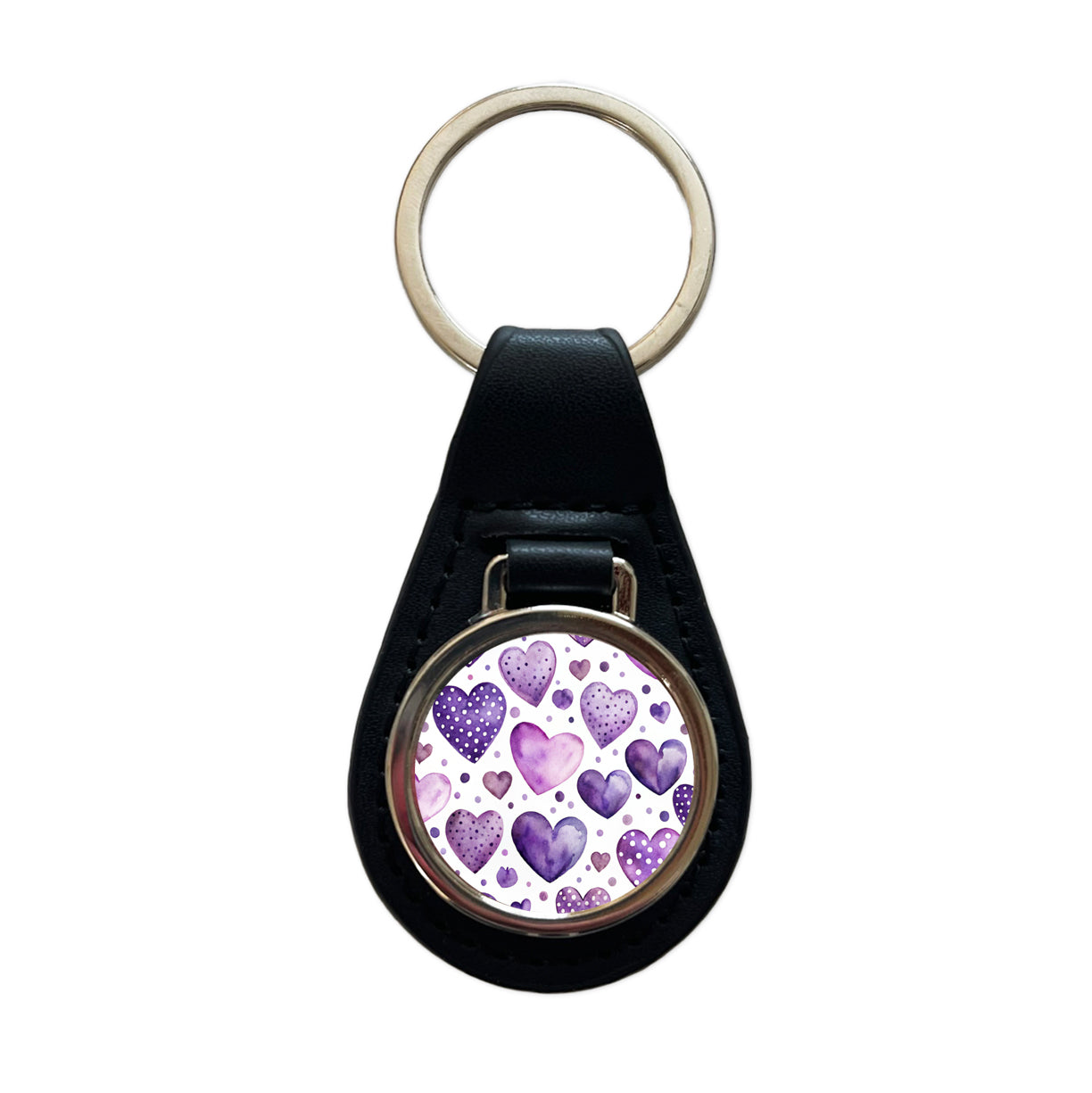 Purple Hearts Polka Dots Watercolor Black Leather Metal Keychain