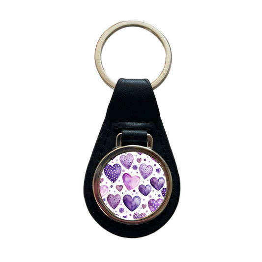 Purple Hearts Polka Dots Watercolor Black Leather Metal Keychain