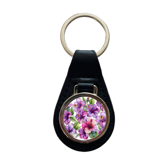 Purple Hibiscus Flowers Watercolor Black Leather Metal Keychain