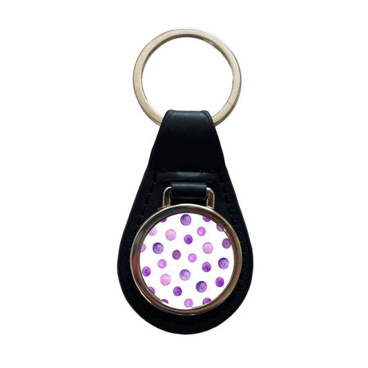 Purple Polka Dots Fun White Background Black Leather Metal Keychain