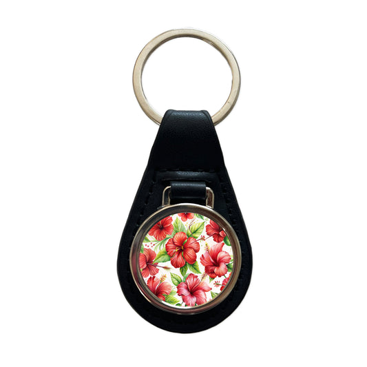 Red Hibiscus Flowers Watercolor Black Leather Metal Keychain