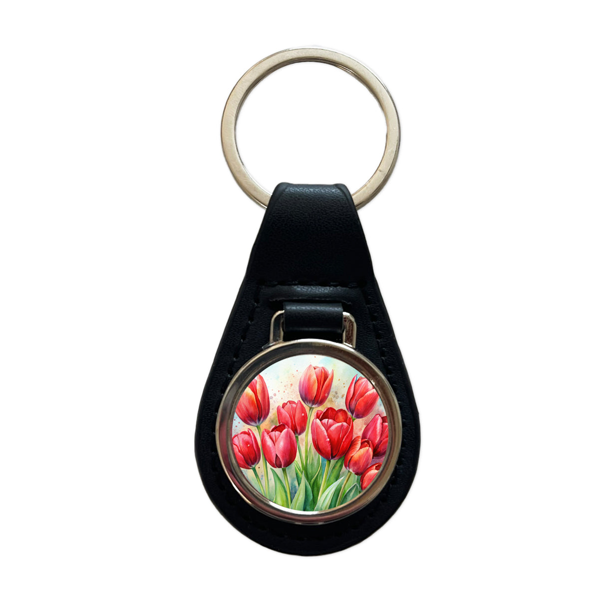 Red Tulips Flowers Watercolor Black Leather Metal Keychain
