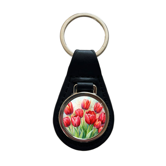 Red Tulips Flowers Watercolor Black Leather Metal Keychain