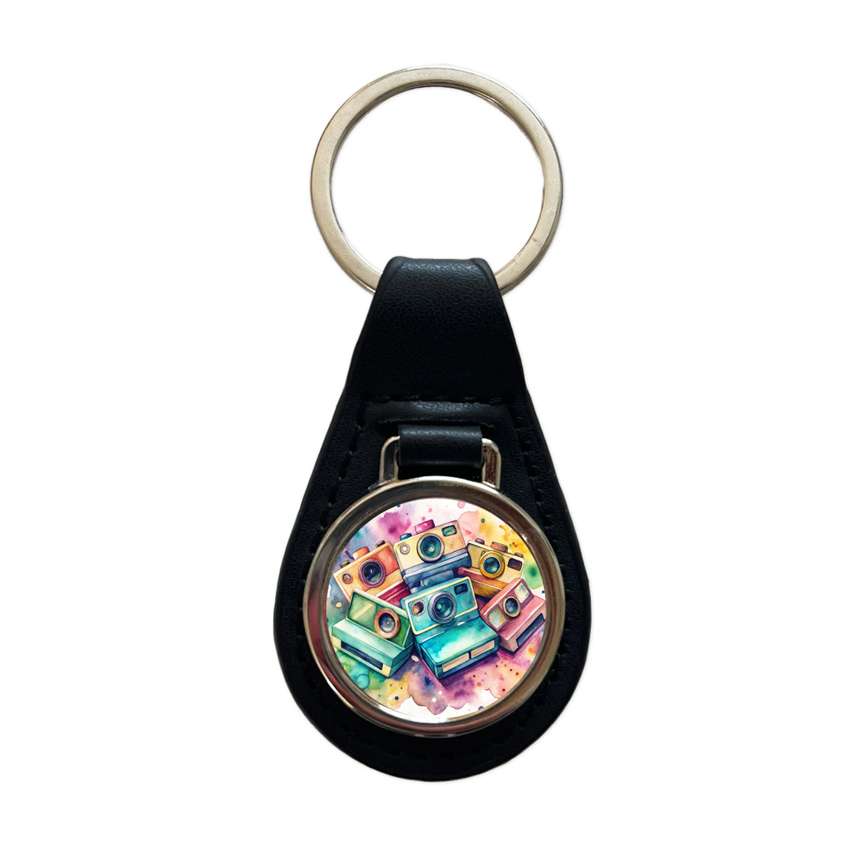 Retro Instant Cameras Photographer Watercolor Black Leather Metal Keychain