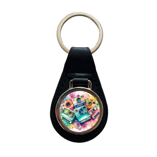 Retro Instant Cameras Photographer Watercolor Black Leather Metal Keychain