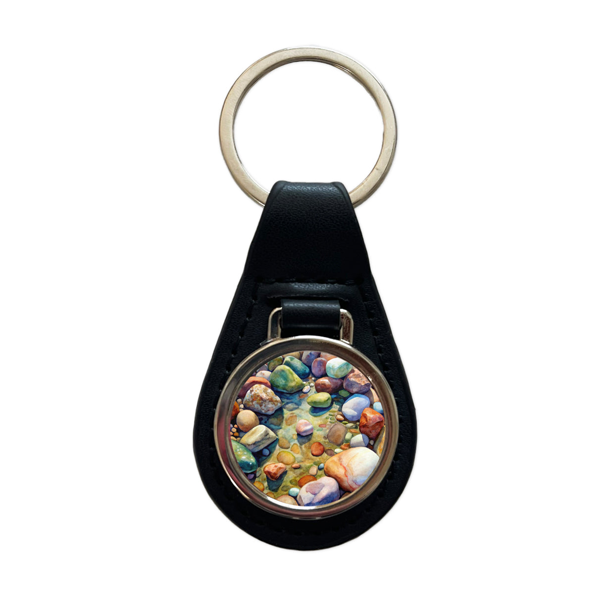 River Rocks Watercolor Black Leather Metal Keychain