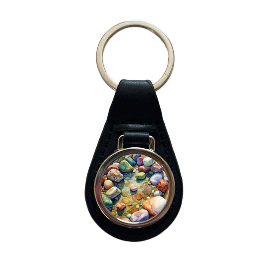 River Rocks Watercolor Black Leather Metal Keychain