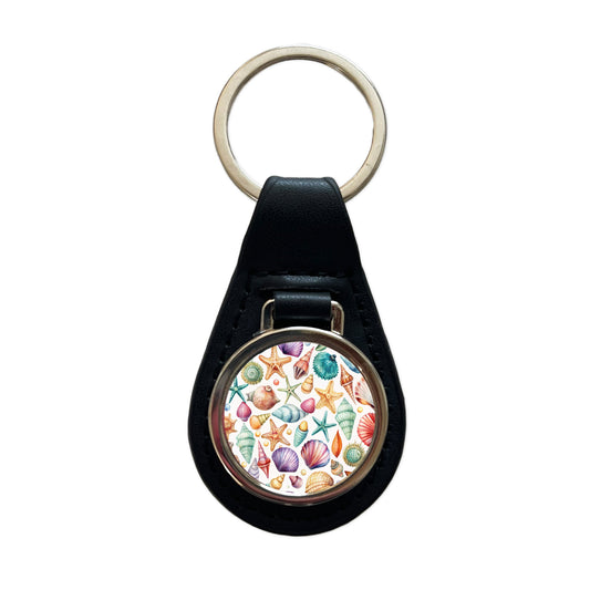 Shells Scattered Beach Black Leather Metal Keychain