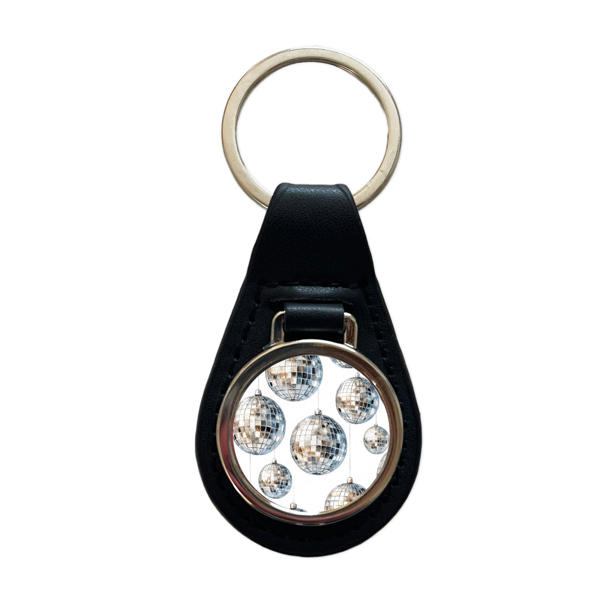 Silver Disco Balls Watercolor Black Leather Metal Keychain