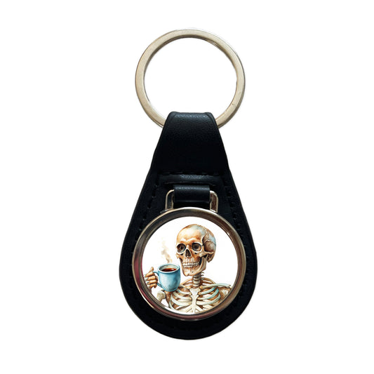 Skeleton Drinking Coffee Watercolor Black Leather Metal Keychain