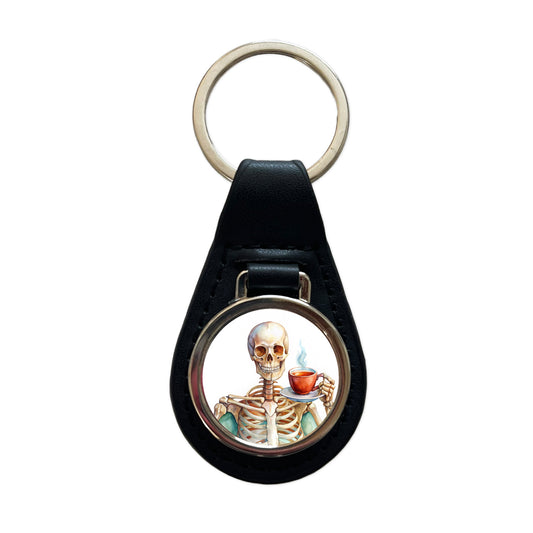 Skeleton Drinking Tea Watercolor Black Leather Metal Keychain