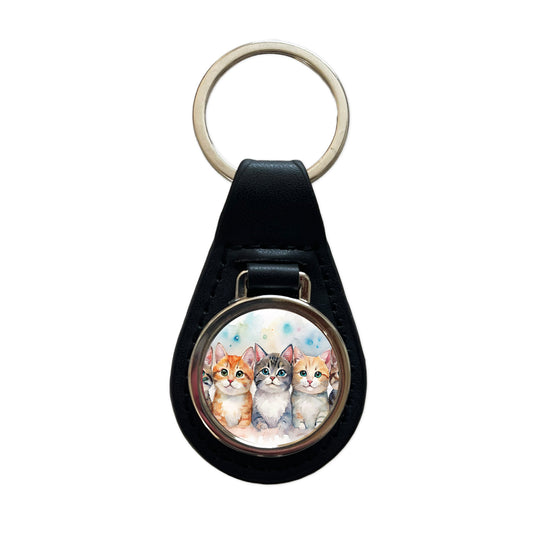 Small Cute Cats In A Row Black Leather Metal Keychain