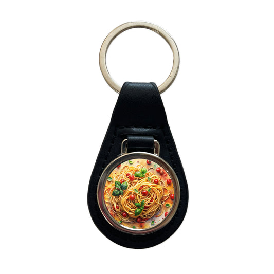 Spaghetti Pasta Italian Food Watercolor Black Leather Metal Keychain