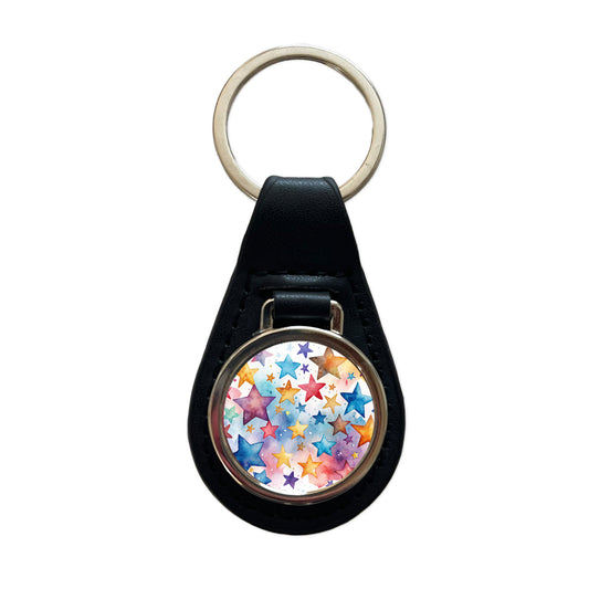 Stars Watercolor Black Leather Metal Keychain