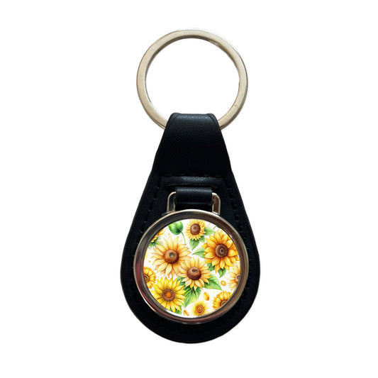 Sunflowers Scattered Watercolor Black Leather Metal Keychain