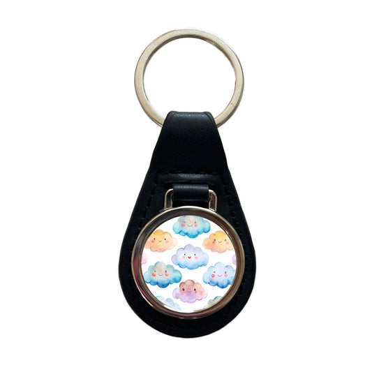 Sweet Smiling Clouds In A Row Watercolor Black Leather Metal Keychain