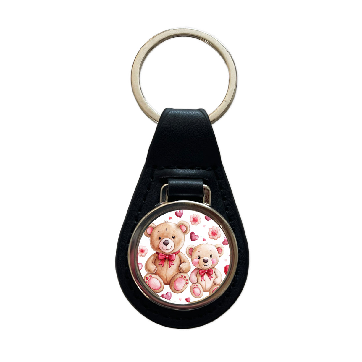 Teddy Bears Pink Red Hearts Black Leather Metal Keychain