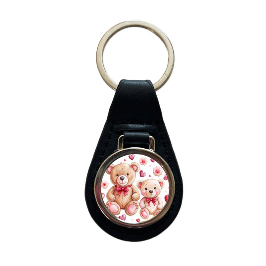 Teddy Bears Pink Red Hearts Black Leather Metal Keychain