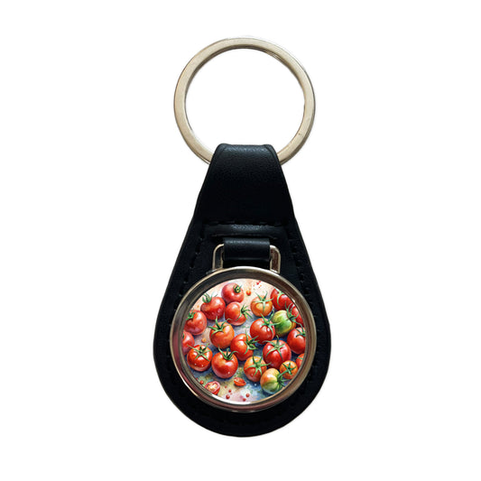Tomatoes Watercolor Black Leather Metal Keychain