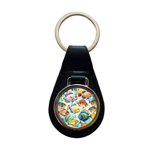 Tropical Fish Watercolor Black Leather Metal Keychain