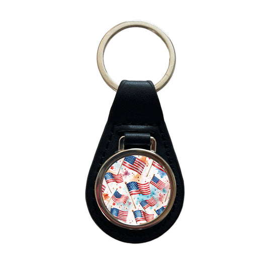 USA American Flags Patriotic Watercolor Black Leather Metal Keychain