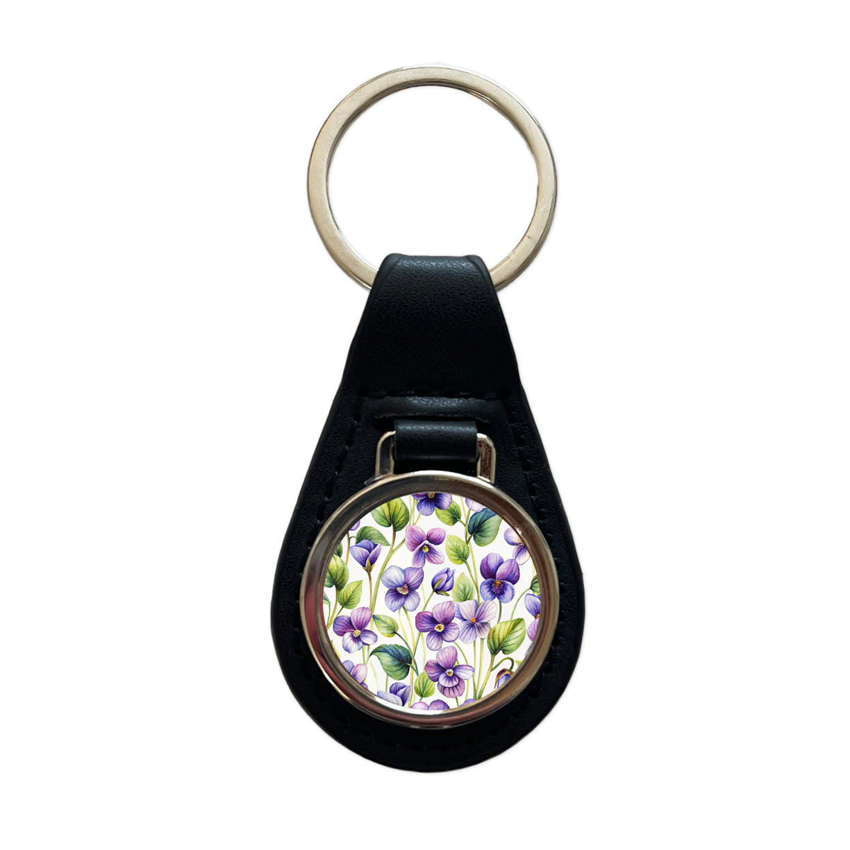 Violets Flowers Watercolor Black Leather Metal Keychain