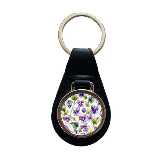 Violets Flowers Watercolor Black Leather Metal Keychain