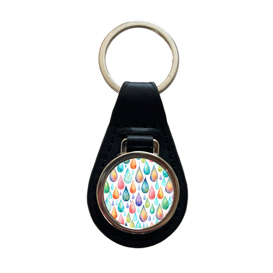 Water Droplets Colorful Watercolor Black Leather Metal Keychain
