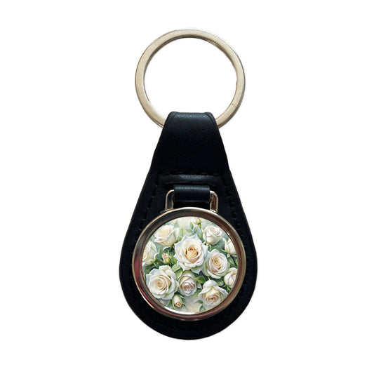 White Roses Flowers Watercolor Black Leather Metal Keychain