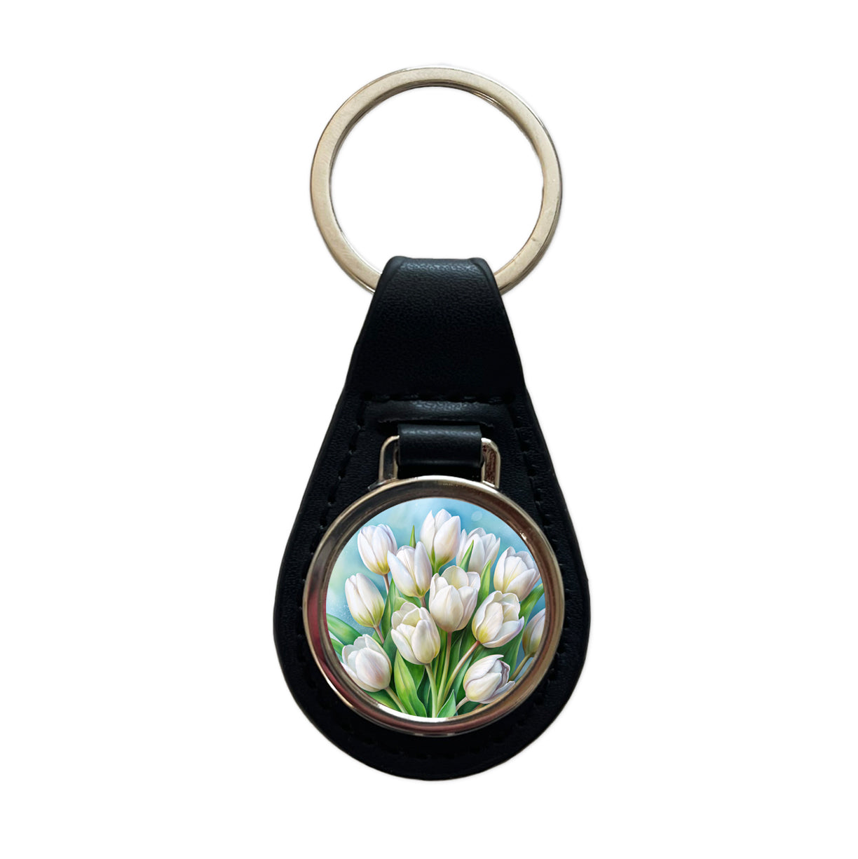 White Tulips Flowers Watercolor Black Leather Metal Keychain
