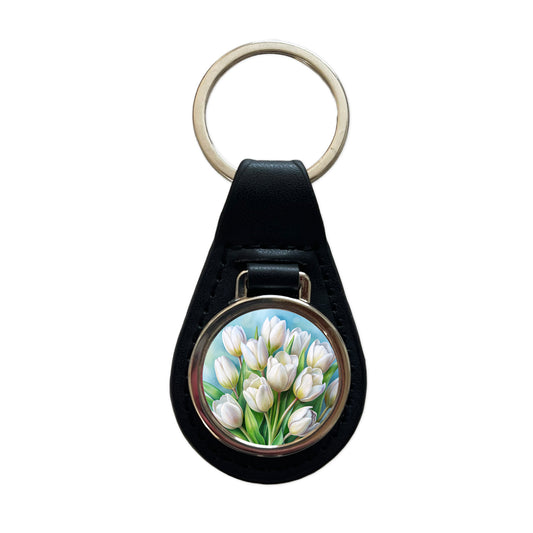 White Tulips Flowers Watercolor Black Leather Metal Keychain