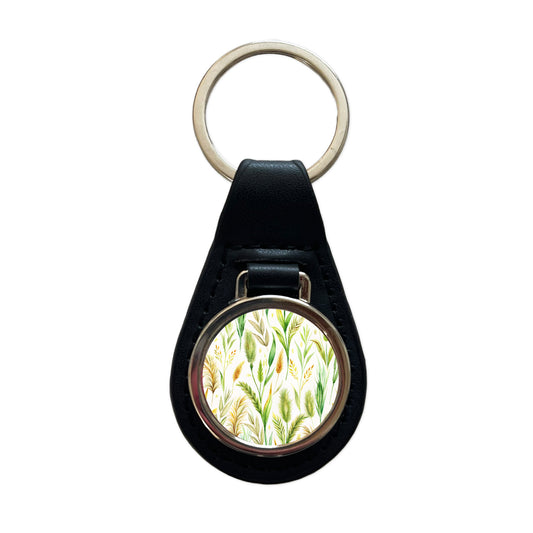 Wild Grasses Black Leather Metal Keychain