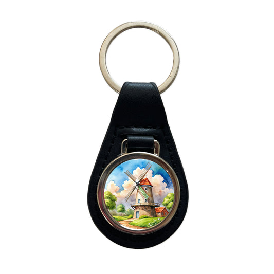 Windmill Beautiful Watercolor Black Leather Metal Keychain