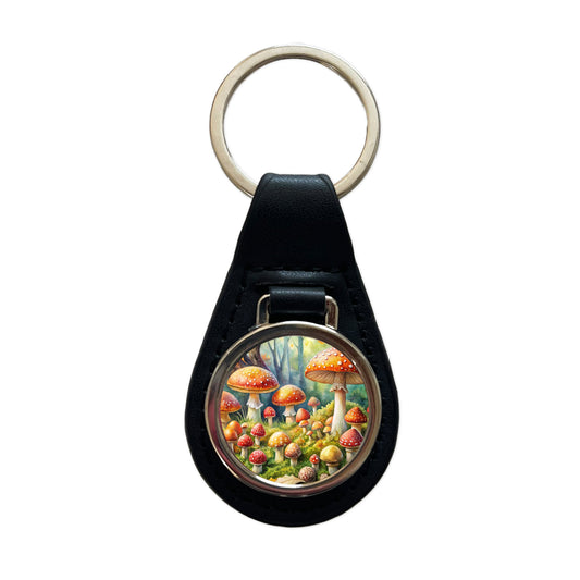 Woodland Mushrooms Watercolor Black Leather Metal Keychain
