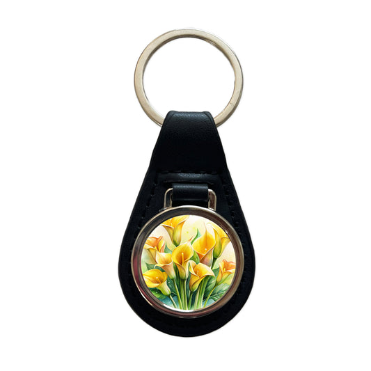 Yellow Calla Lily Flowers Watercolor Black Leather Metal Keychain