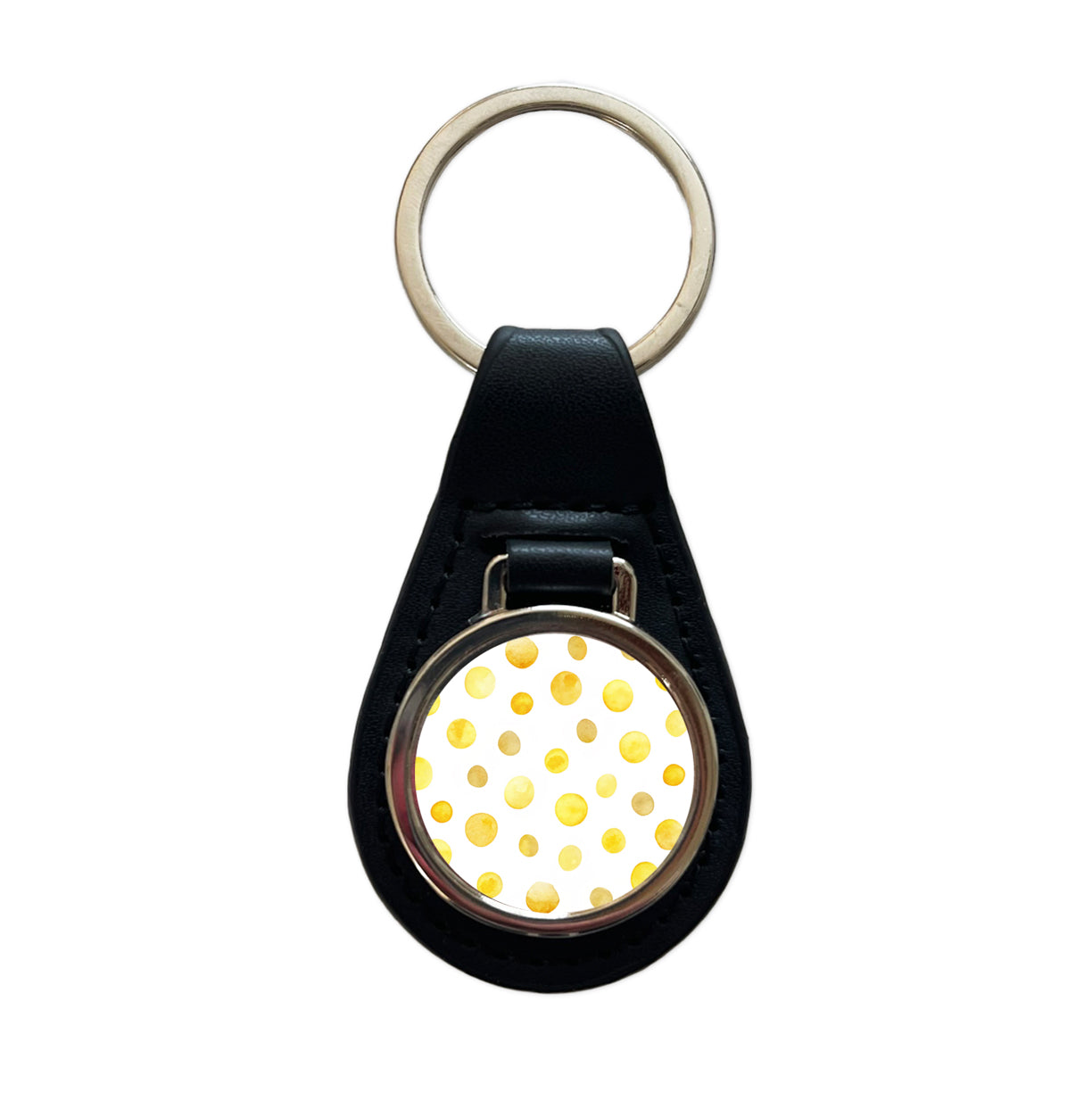 Yellow Polka Dots Fun White Background Black Leather Metal Keychain