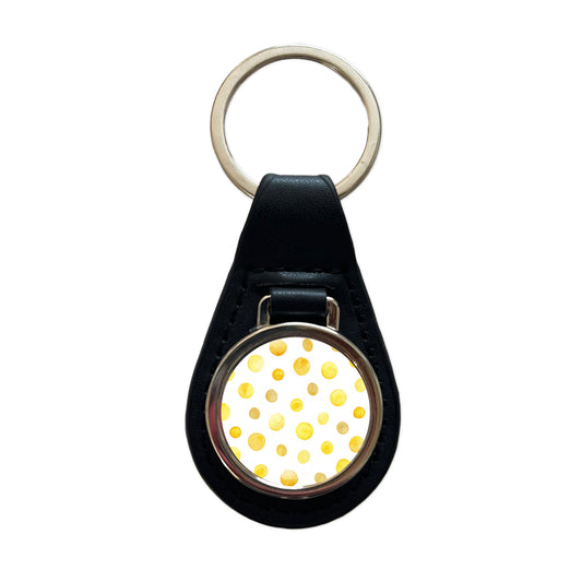 Yellow Polka Dots Fun White Background Black Leather Metal Keychain