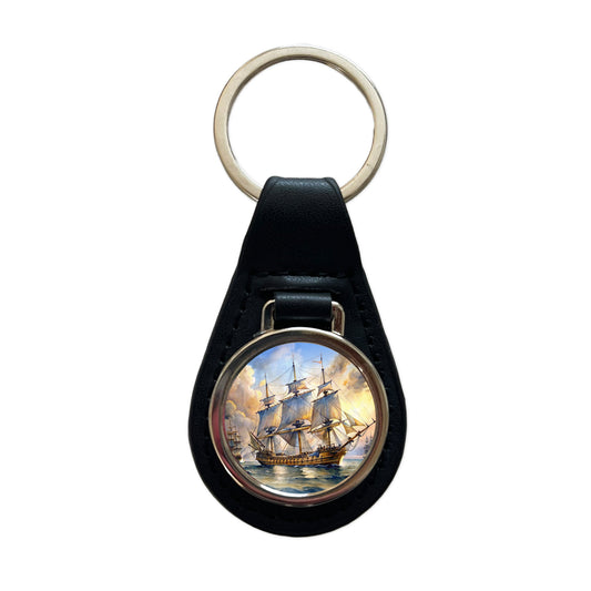 18th Century Sailing War Ship Of The Line Watercolor Black Leather Metal Keychain