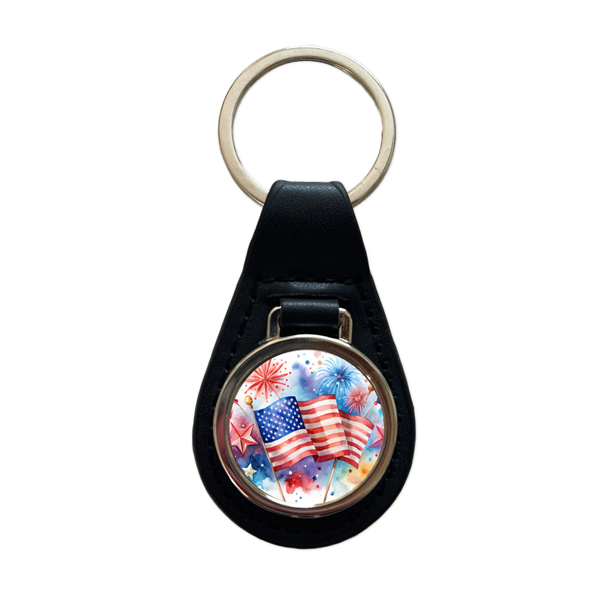 4th Of July Patriotic Independence Day Watercolor Black Leather Metal Keychain