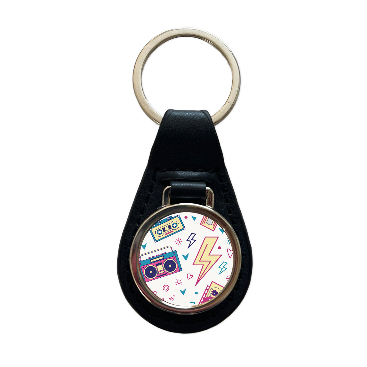 80's Eighties Theme Style Black Leather Metal Keychain