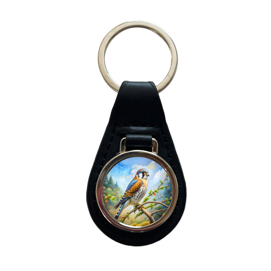 American Kestrel Raptor Bird Of Prey In Tree Scene Watercolor Black Leather Metal Keychain