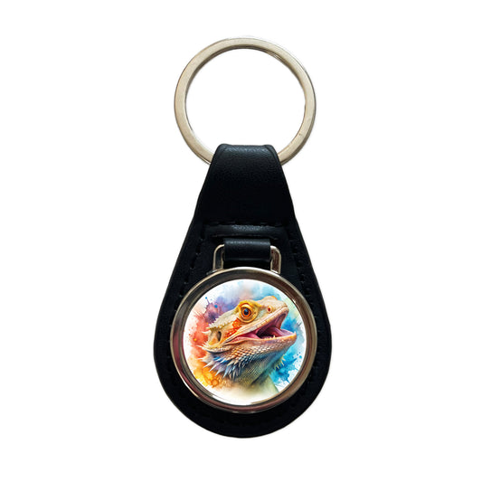 Angry Mad Bearded Dragon Watercolor Black Leather Metal Keychain