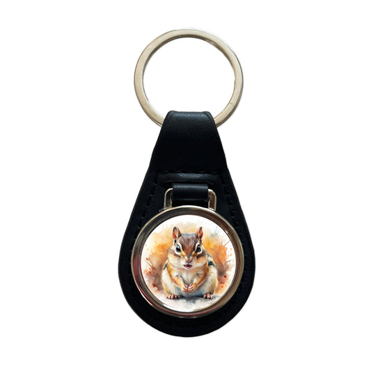 Angry Mad Chipmunk Watercolor Black Leather Metal Keychain