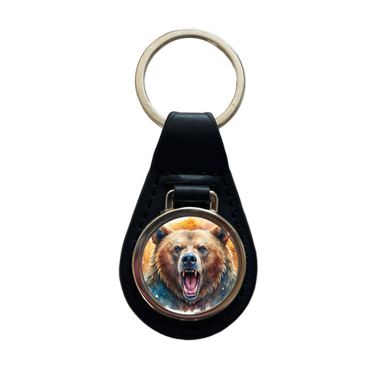 Angry Mad Grizzly Bear Watercolor Black Leather Metal Keychain