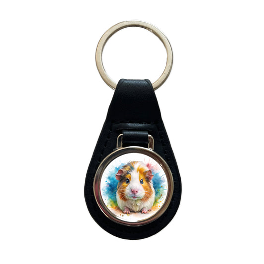 Angry Mad Guinea Pig Watercolor Black Leather Metal Keychain