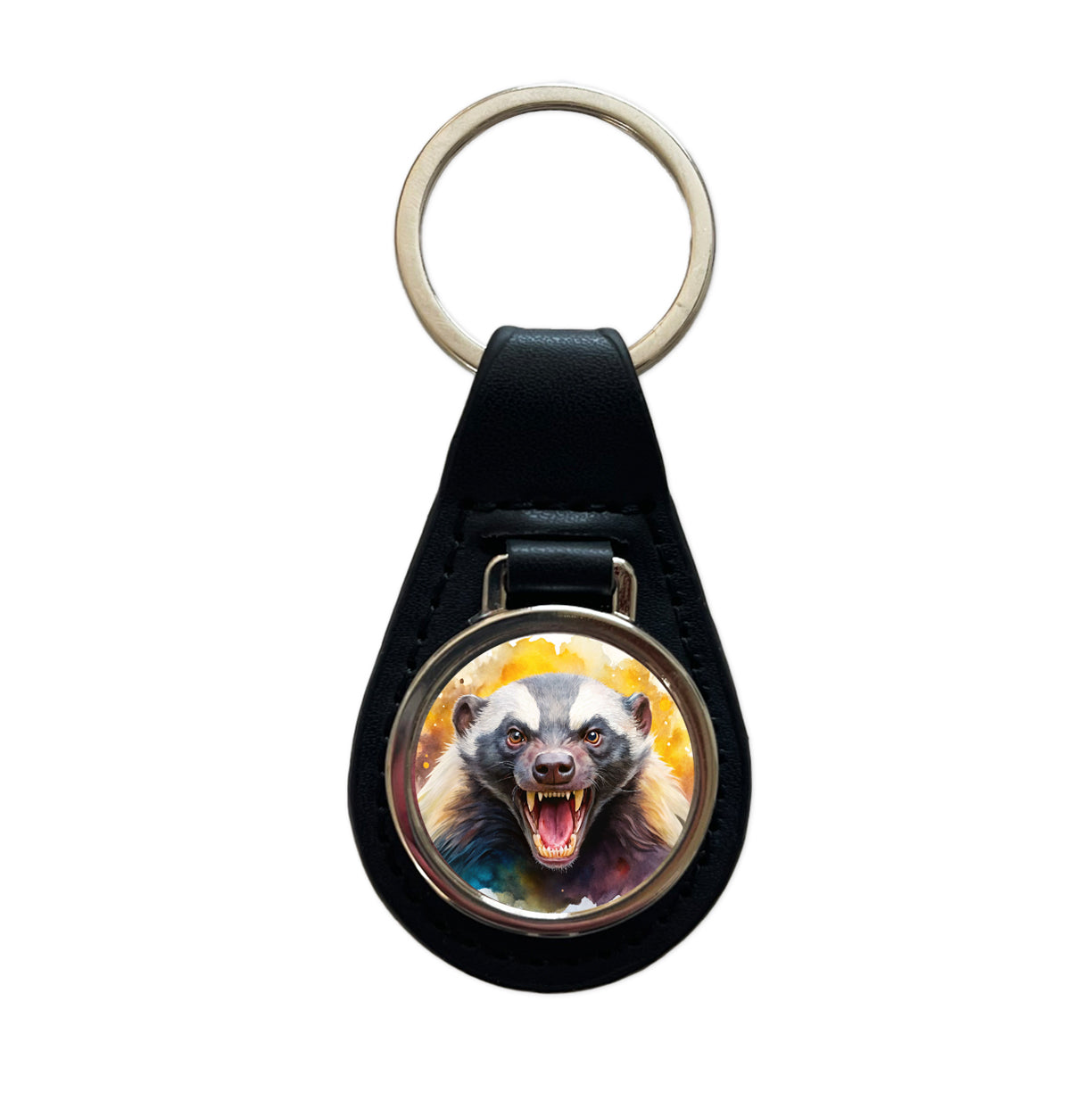 Angry Mad Honey Badger Watercolor Black Leather Metal Keychain