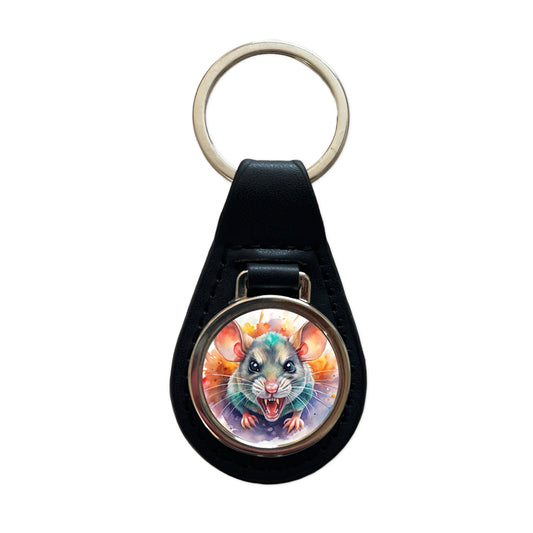 Angry Mad Mouse Watercolor Black Leather Metal Keychain