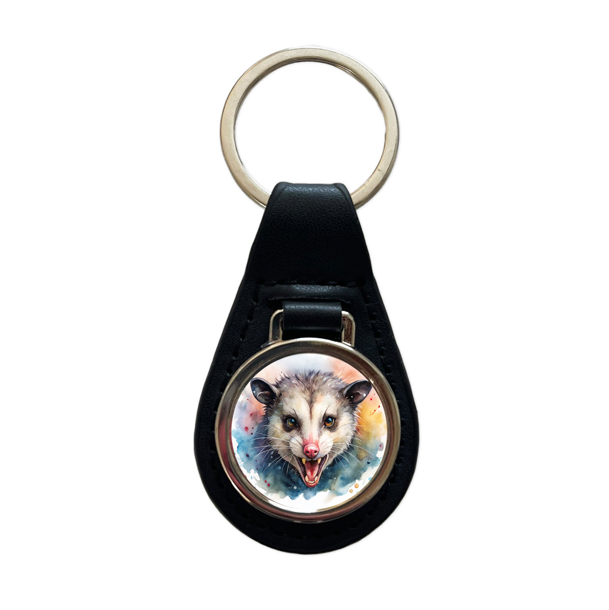 Angry Mad Opossum Watercolor Black Leather Metal Keychain