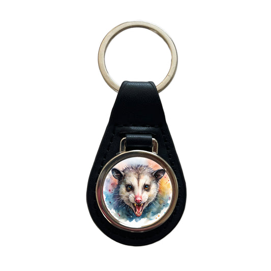 Angry Mad Opossum Watercolor Black Leather Metal Keychain