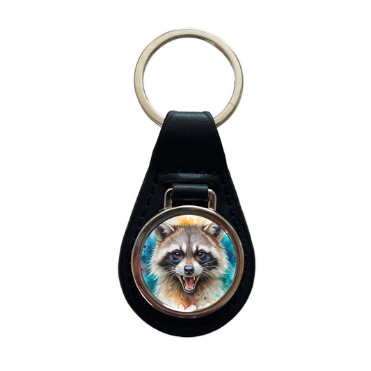 Angry Mad Raccoon Watercolor Black Leather Metal Keychain